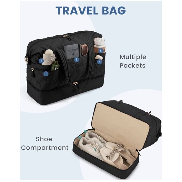 LOVEVOOK Travel Duffle Bag Quilted Weekender for Women with Shoe Compartment Bla - Picture 9 of 9